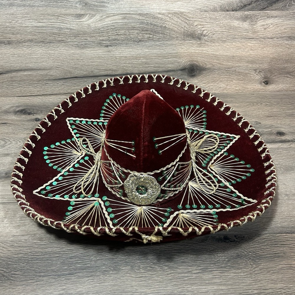 Vtg Authentic Pigalle Mexican Sombrero XXXXX Red Velvet Sequin Pristine Cond